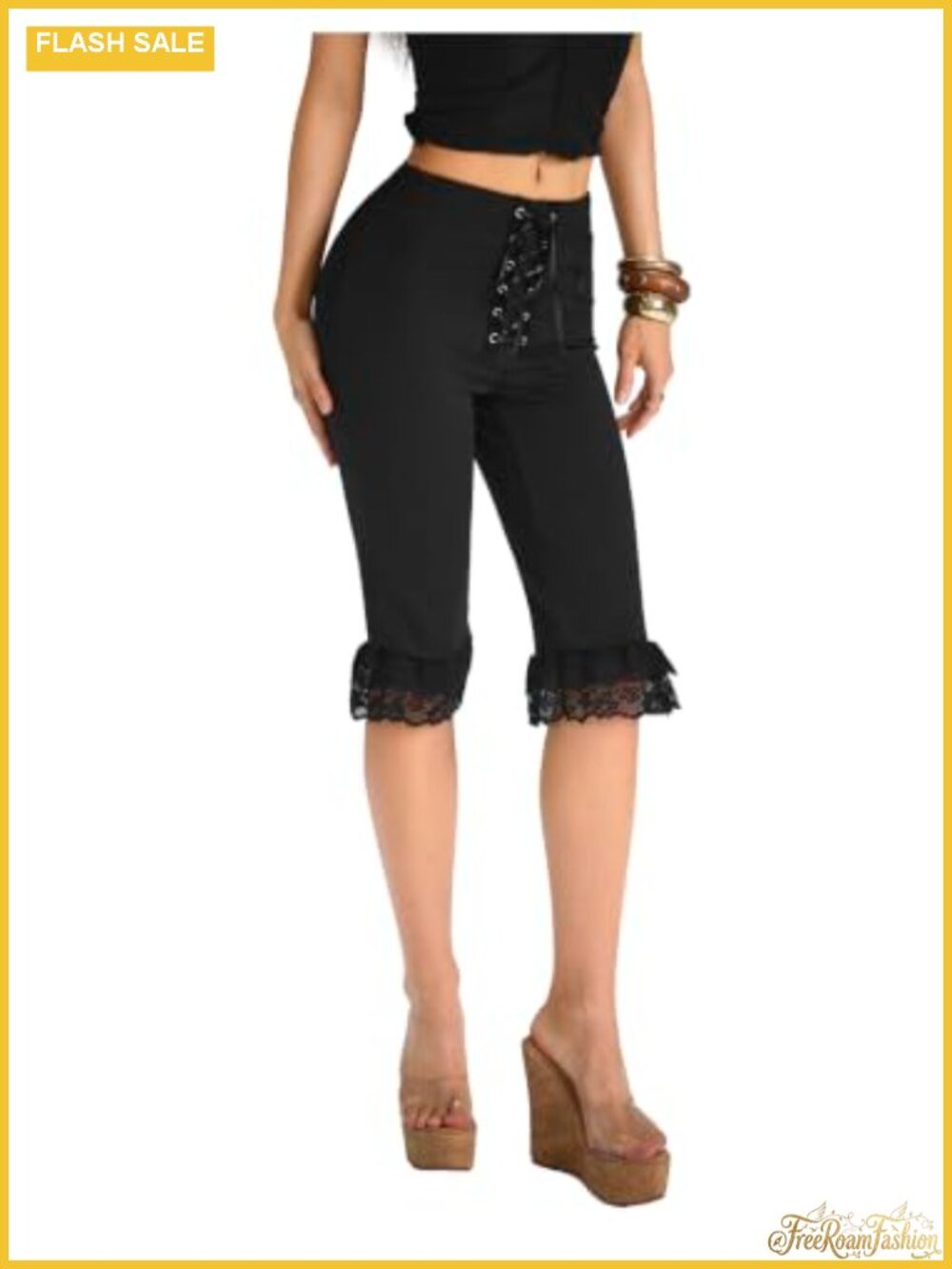 Women's Lace Capri Leggings Lace Up Ruffle Crop Skinny Pants